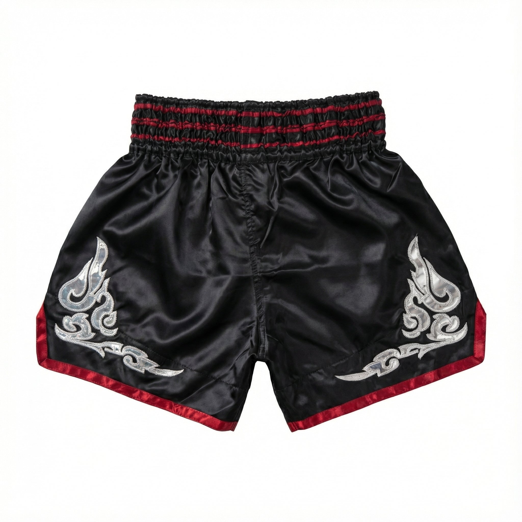 Black shorts with red trim and silver flame designs on a white background