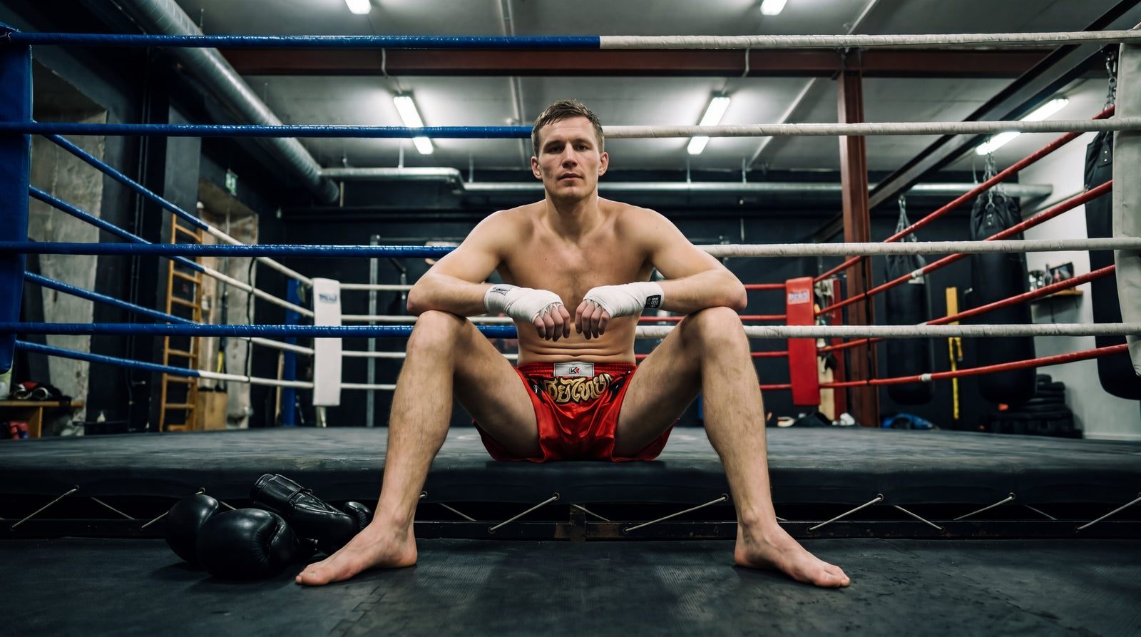 Boxer sitting on the edge of a boxing ring with gloves on his hands.