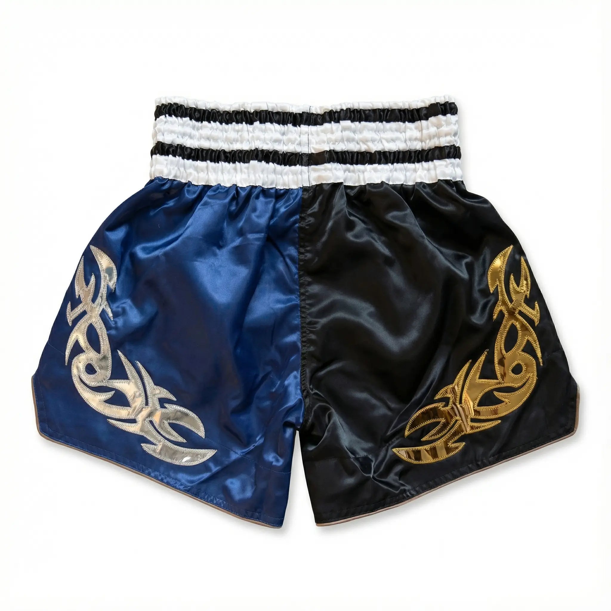 Blue and black satin shorts with gold tribal designs on a white background