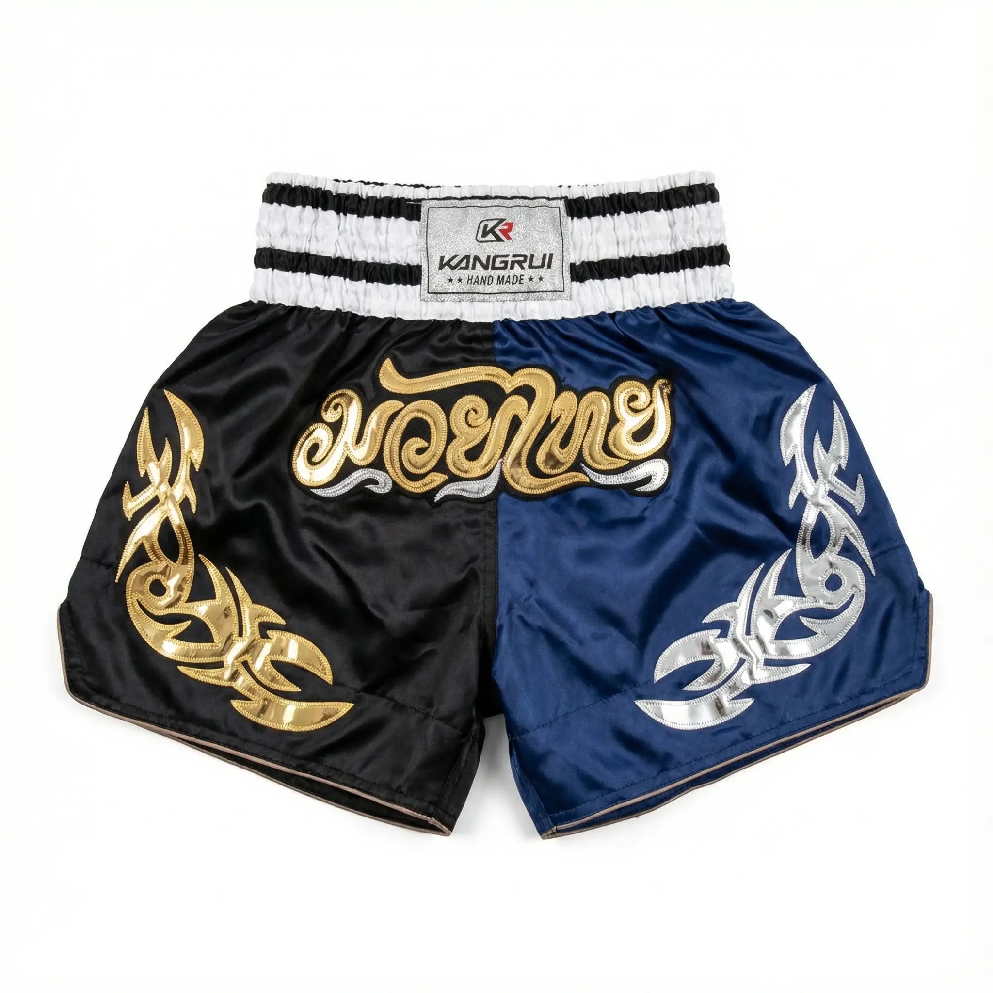 Black and blue boxing shorts with gold and silver designs on a white background