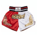 Red and white boxing shorts with gold designs and a visible brand label on a white background.